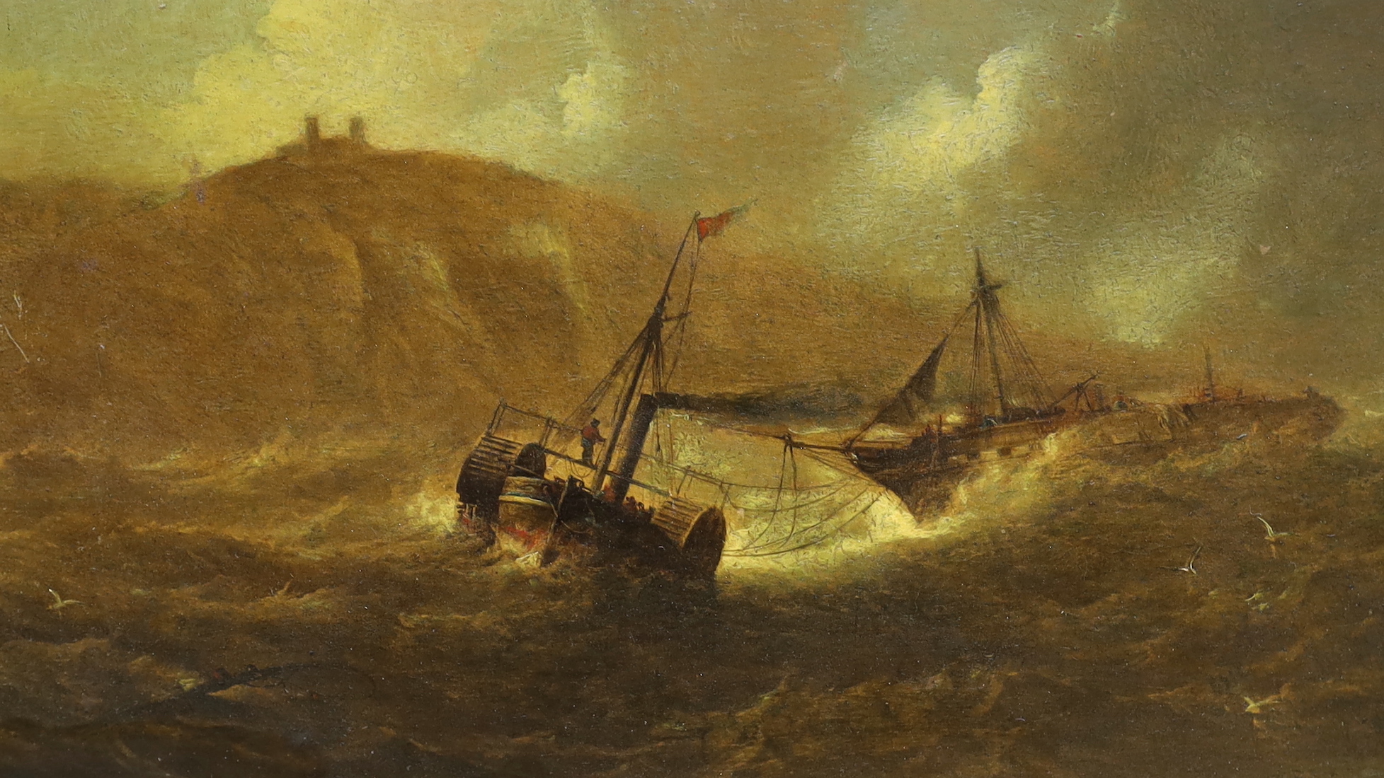 19th century English school, pair of oils on board, Shipwreck scenes, 13.5 x 23.5cm